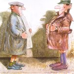 Illustrazione di due uomini, uno davanti all'altro, aprono l'impermeabile per mostrarsi vicendevolmente le mutande. titolo: Chi ha un paio di mutande Boglietti in puro cotone p più felice di chi ha un paio di mutande.
