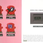 A sinistra quattro poltrone. nelle prime tre c'è un gatto, la terza è libera. A destra interruttore living con cronotermostato. Titolo: Sistema Living:il cronotermostato.