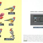 A sinistra 6 diversi tipi di pennuti associati ad altrettanti generi musicali. A destra un interruttore per la filodiffusione. Titolo: Sistema Living: la diffusione sonora.