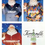 Tre versioni di babbo natale. Elegante, carnevalesco o classico. Titolo: liscia gassata o Ferrarelle?