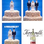 Una torta con la sola statuina della sposa. Una con con due sposi e una sposa. La terza classica. Titolo: liscia gassata o Ferrarelle?
