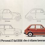 Una illustrazione mostra l'evoluzione delle auto Fiat, dalla Topolino alla 126. Titolo: Fiat 126 Personal. è dal 1936 che ci stiamo lavorando.