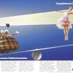 Una ballerina fa giochi di equilibrismo con un pagliaccio. Titolo: abbandoneremo l'elettromeccanica. Conquisteremo l'elettronica.
