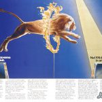 Illustrazione di un leone che attraversa un cerchio di fuoco. titolo: Nel 1981 eravamo in deficit. Nel 1984 saremo in attivo.