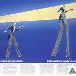 Due trampolieri, uno molto più alto dell'altro. Titolo: ieri sapevamo produrre. oggi sappiamo produrre e vendere.