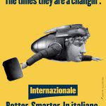 Fotomontaggio David, astronave e uomo volante. Titolo: the times they are a changin'.
