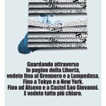 Illustrazione di uomo che spia attraverso delle veneziane fatte di carta di giornale. Titolo: Guardando attraverso le pagine della libertà