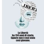Illustrazione di un viso fatto di carta di quotidiano. titolo: La libertà ha 134 anni di storia. Eppure non è mai stata così giovane.