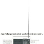 Piccola radiolina con antenna estraibile. Titolo: Oggi Philips permette a tutte le radio libere di farsi sentire.