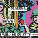 Illustrazione di biancaneve che rifiuta la mela della strega. Titolo: niente favole, sconto 10% su tutto.