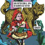 Illustrazione di cappuccetto Rosso che parla con il lupo. Titolo: niente favole, sconto 10% su tutto.