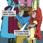 Illustrazione di cappuccetto rosso con la mamma che le dà il cesto per fare la spesa.Titolo: niente favole, sconto 10% su tutto.