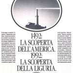 Illustrazione di un faro con mezza luna nel cielo. Titolo: 1492, la scoperta dell'America. 1992: la scoperta della Liguria.