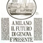 Illustrazione di un porto. Titolo: a Milano il futuro di Genova è presente.