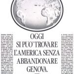 Illustrazione di una cartina geografica con le tre caravelle. Itolo: Oggi si può trovare l'America senza abbandonare Genova.